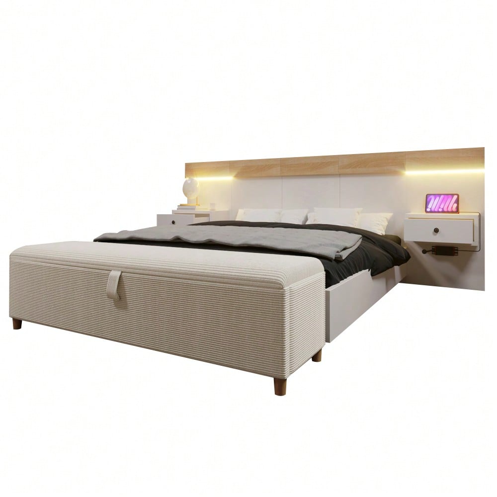 Doppelbett-Komplettset 140x200 cm mit 2 LED-Nachttischen & USB-C + Bettbank 145x38 cm Hydraulik-Stauraum, Bett in Eiche Sonoma/Weiß + Bank mit beiger Cord-Optik (Ohne Matratze)