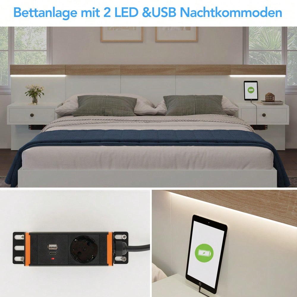 Doppelbett-Komplettset 140x200 cm mit 2 LED-Nachttischen & USB-C + Bettbank 145x38 cm Hydraulik-Stauraum, Bett in Eiche Sonoma/Weiß + Bank mit beiger Cord-Optik (Ohne Matratze)