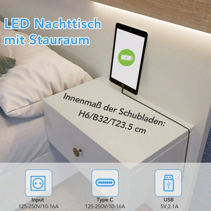 Doppelbett-Komplettset 140x200 cm mit 2 LED-Nachttischen & USB-C + Bettbank 145x38 cm Hydraulik-Stauraum, Bett in Eiche Sonoma/Weiß + Bank mit beiger Cord-Optik (Ohne Matratze)
