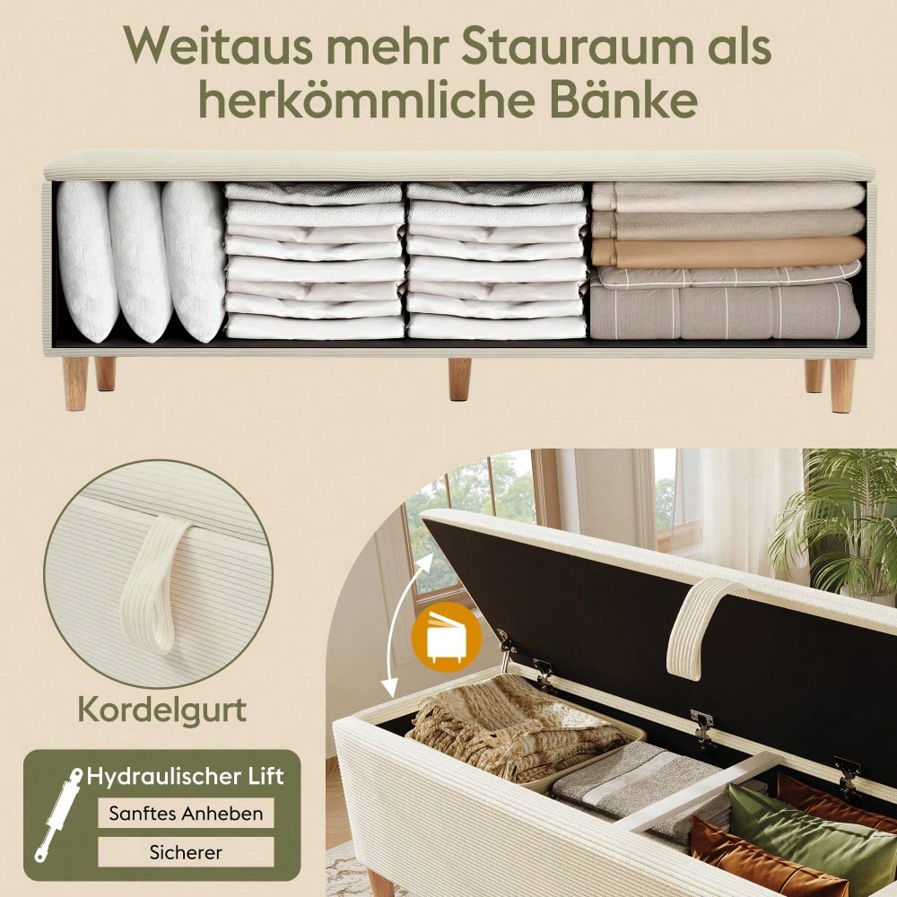 Doppelbett-Komplettset 140x200 cm mit 2 LED-Nachttischen & USB-C + Bettbank 145x38 cm Hydraulik-Stauraum, Bett in Eiche Sonoma/Weiß + Bank mit beiger Cord-Optik (Ohne Matratze)