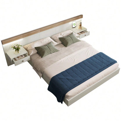 Doppelbett-Komplettset 140x200 cm mit 2 LED-Nachttischen & USB-C + Bettbank 145x38 cm Hydraulik-Stauraum, Bett in Eiche Sonoma/Weiß + Bank mit beiger Cord-Optik (Ohne Matratze)