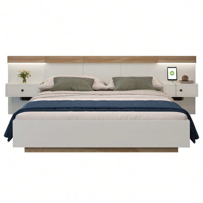 Doppelbett-Komplettset 140x200 cm mit 2 LED-Nachttischen & USB-C + Bettbank 145x38 cm Hydraulik-Stauraum, Bett in Eiche Sonoma/Weiß + Bank mit beiger Cord-Optik (Ohne Matratze)