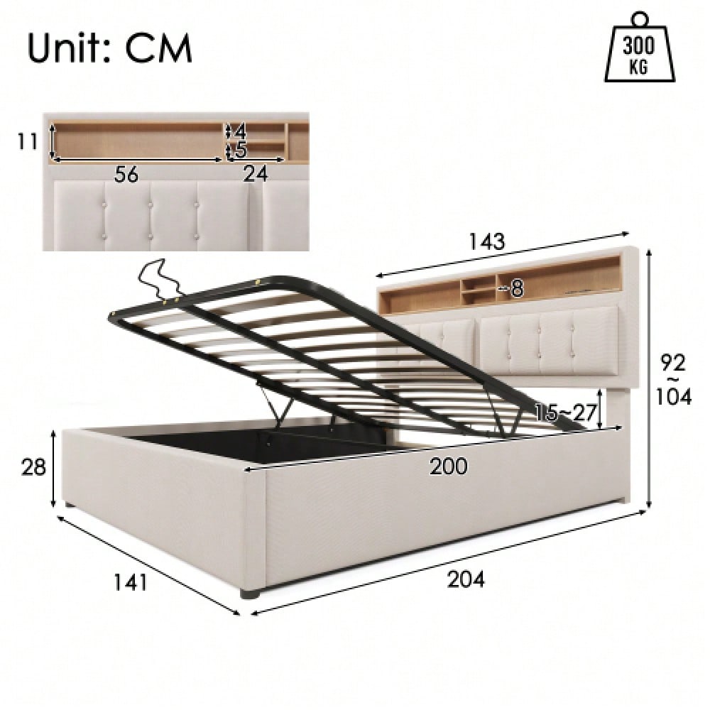 Polsterbett 140x200 mit Bettbank & USB-Ladestation - Stauraum & Komfort in Leinenoptik (Inkl. Lattenrost, ohne Matratze)