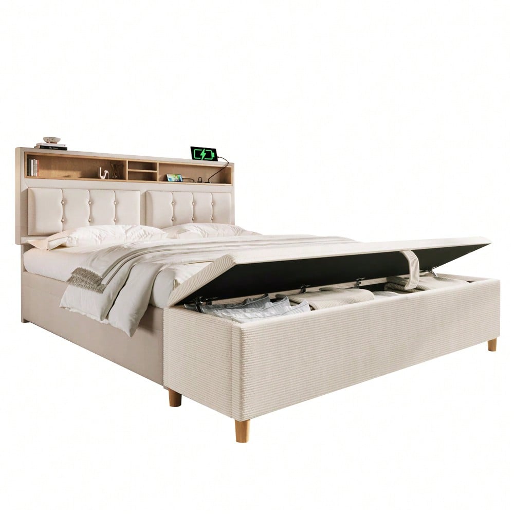 Polsterbett 140x200 mit Bettbank & USB-Ladestation - Stauraum & Komfort in Leinenoptik (Inkl. Lattenrost, ohne Matratze)