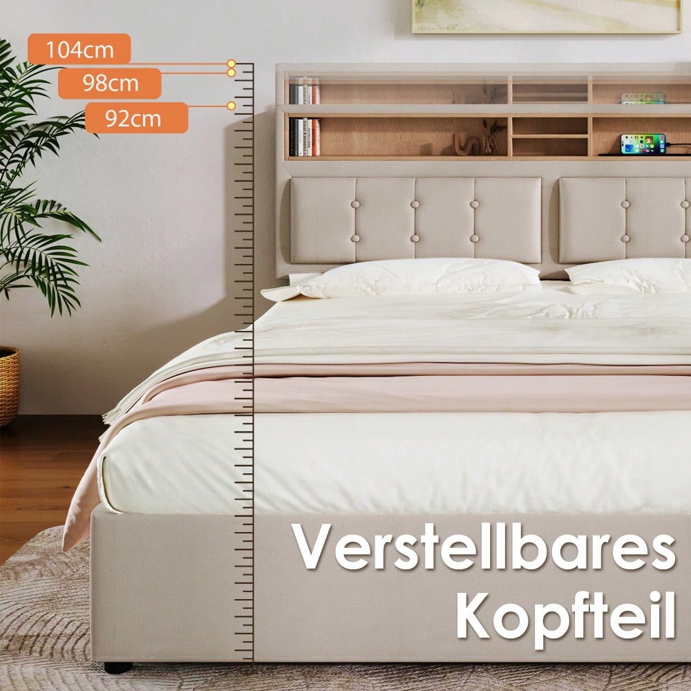 Polsterbett 140x200 mit Bettbank & USB-Ladestation - Stauraum & Komfort in Leinenoptik (Inkl. Lattenrost, ohne Matratze)