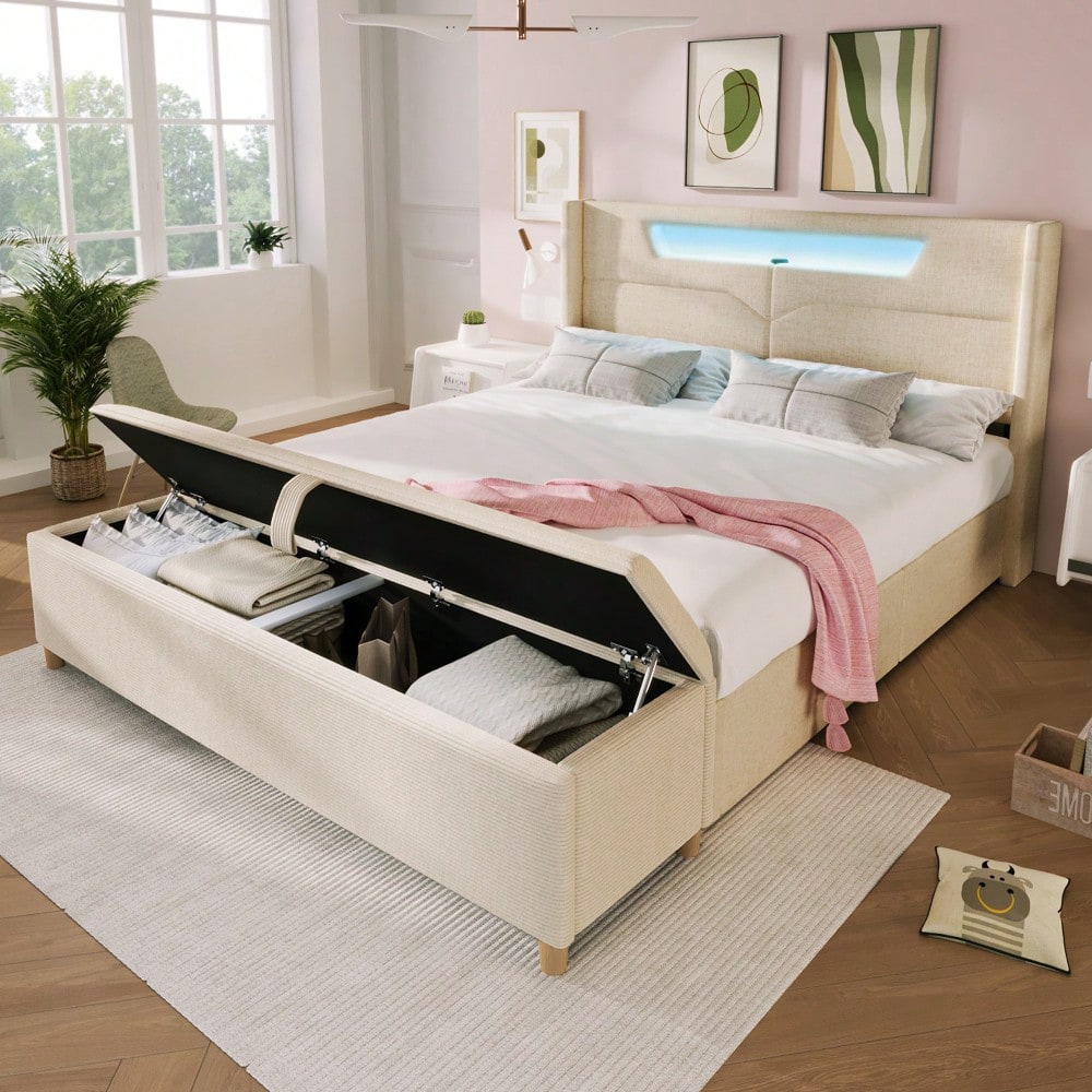 Polsterbett 140x200 mit LED & USB-C in beige Leinen + Bettbank 145x38 Hydraulik-Stauraum in Cord-Optik, Lattenrost inkl. (Ohne Matratze)