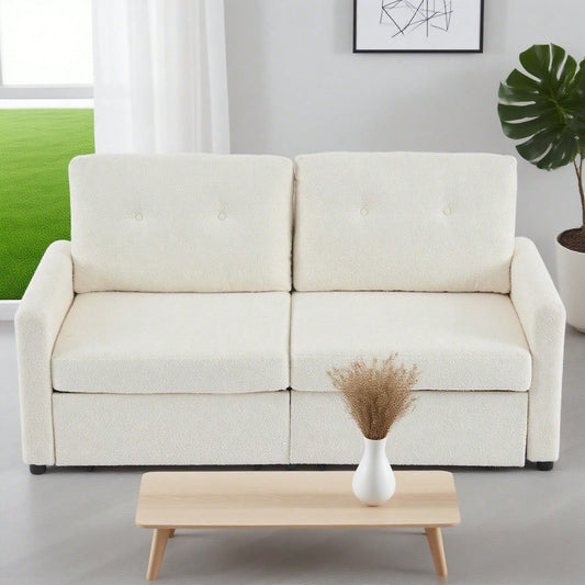 Elfenbeinfarbener 2-Sitzer Wohnzimmer-Sofa mit Krepp-Struktur & Doppel-Schubladen-Stauraum