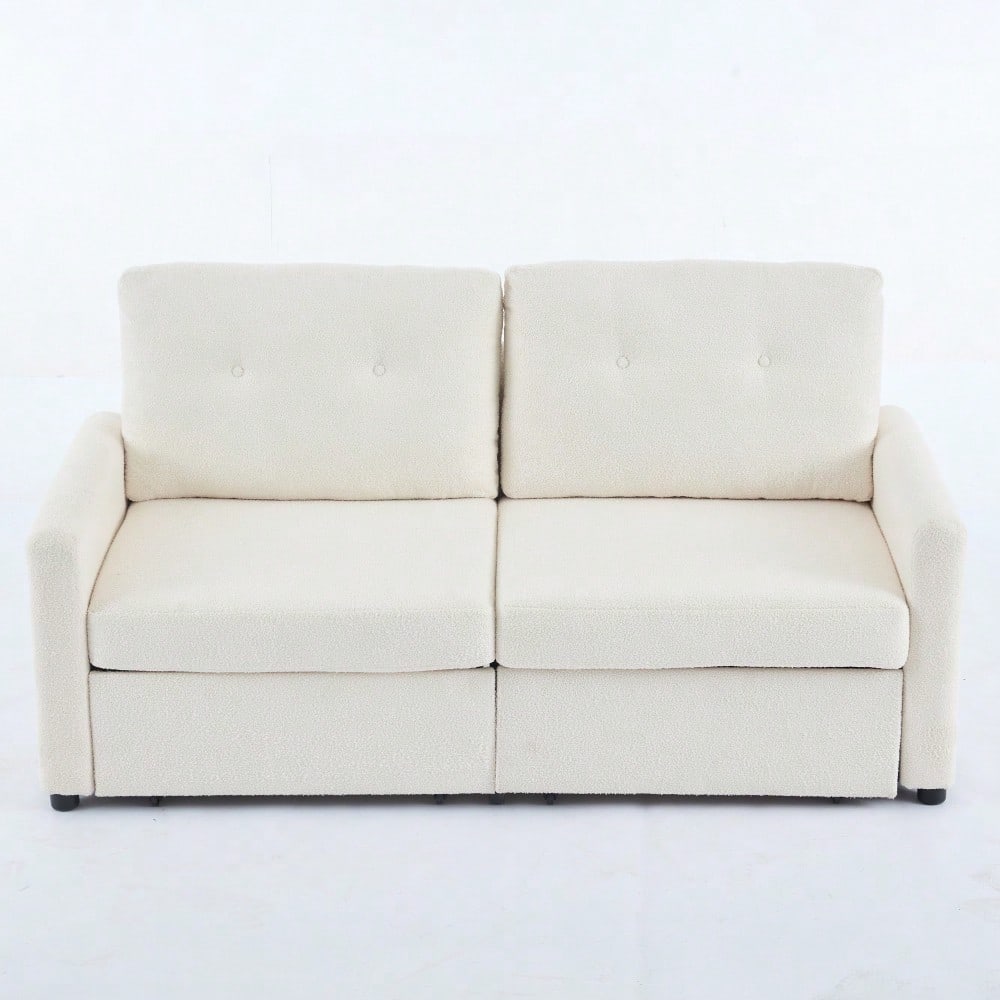 Elfenbeinfarbener 2-Sitzer Wohnzimmer-Sofa mit Krepp-Struktur & Doppel-Schubladen-Stauraum