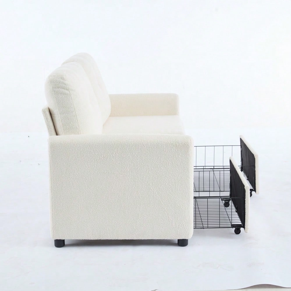 Elfenbeinfarbener 2-Sitzer Wohnzimmer-Sofa mit Krepp-Struktur & Doppel-Schubladen-Stauraum