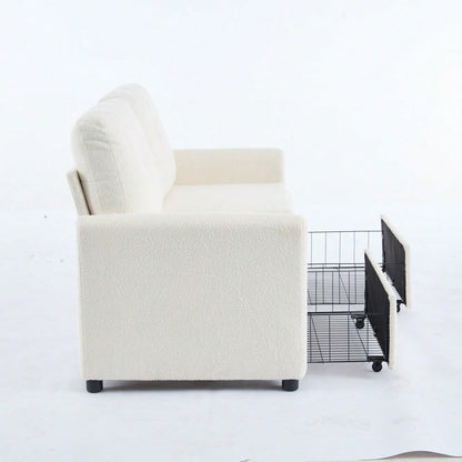 Elfenbeinfarbener 2-Sitzer Wohnzimmer-Sofa mit Krepp-Struktur & Doppel-Schubladen-Stauraum