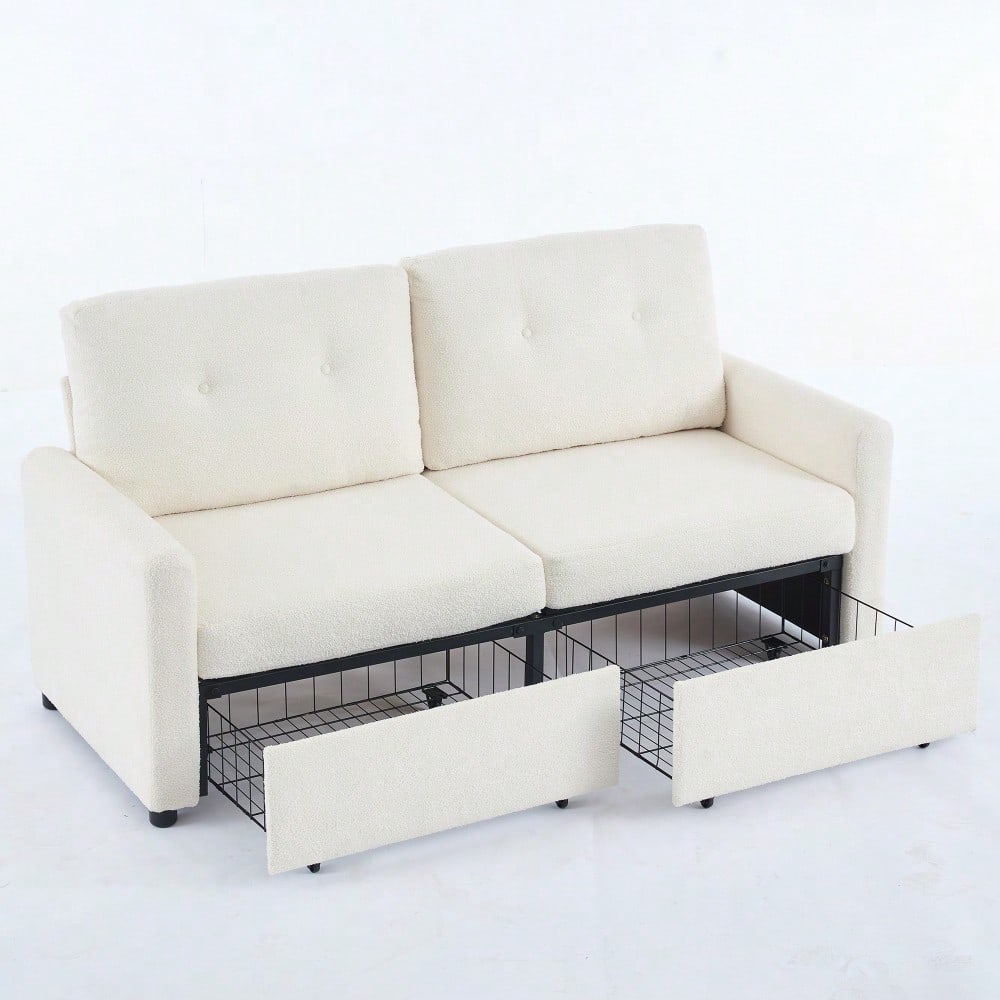 Elfenbeinfarbener 2-Sitzer Wohnzimmer-Sofa mit Krepp-Struktur & Doppel-Schubladen-Stauraum