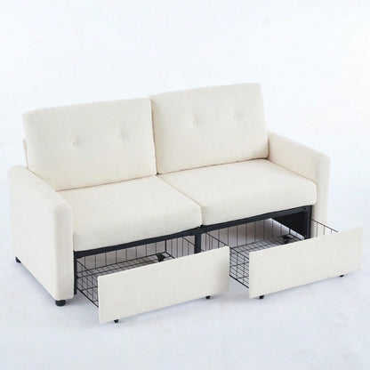 Elfenbeinfarbener 2-Sitzer Wohnzimmer-Sofa mit Krepp-Struktur & Doppel-Schubladen-Stauraum