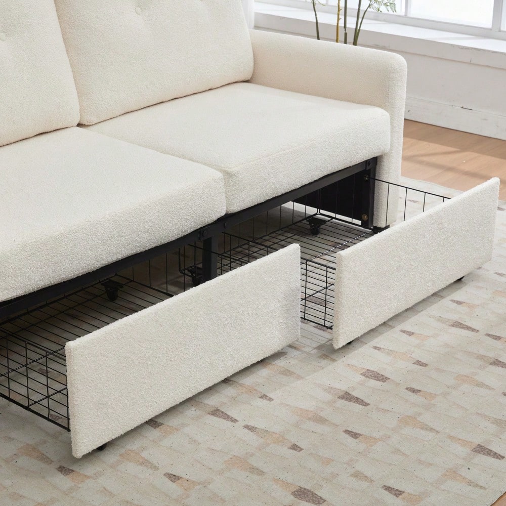 Elfenbeinfarbener 2-Sitzer Wohnzimmer-Sofa mit Krepp-Struktur & Doppel-Schubladen-Stauraum