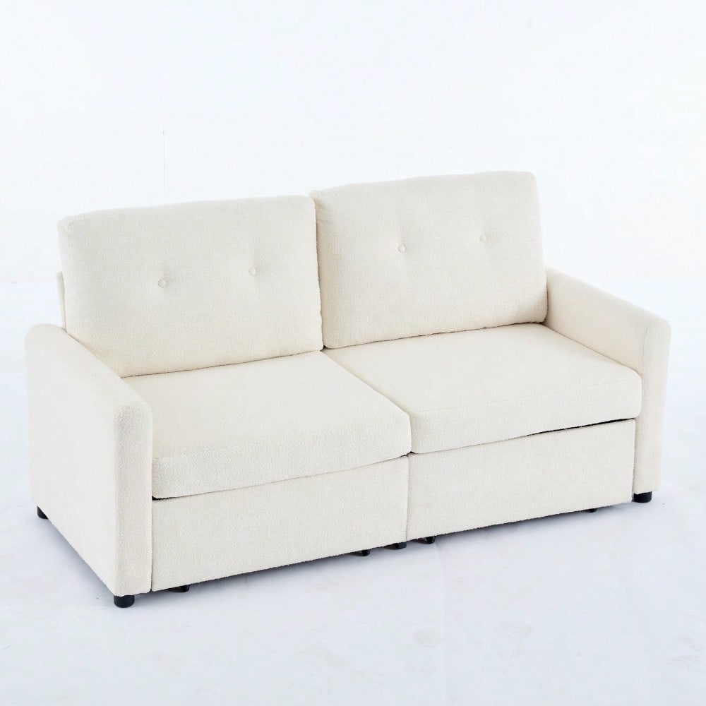 Elfenbeinfarbener 2-Sitzer Wohnzimmer-Sofa mit Krepp-Struktur & Doppel-Schubladen-Stauraum