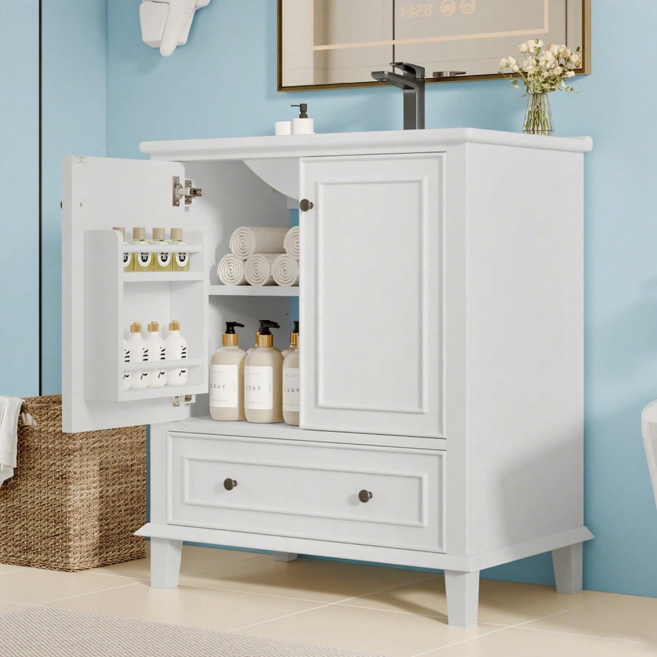 76x46x87cm Bodenstehender Badezimmerschrank mit Waschbeck, Waschtisch,Beine aus Massivholz, Volllackierung, feuchtigkeits- und wasserdicht, großer Stauraum, integriertes Keramikwaschbecken, weiß