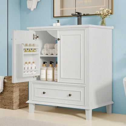 76x46x87cm Bodenstehender Badezimmerschrank mit Waschbeck, Waschtisch,Beine aus Massivholz, Volllackierung, feuchtigkeits- und wasserdicht, großer Stauraum, integriertes Keramikwaschbecken, weiß