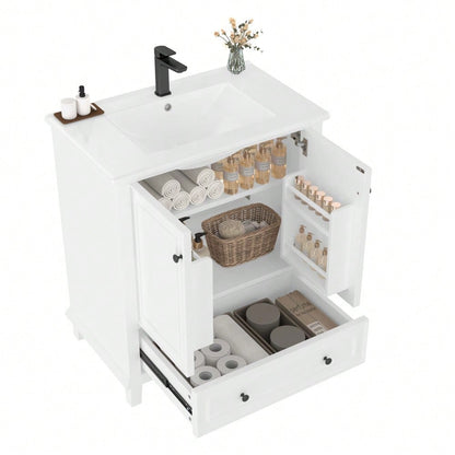 76x46x87cm Bodenstehender Badezimmerschrank mit Waschbeck, Waschtisch,Beine aus Massivholz, Volllackierung, feuchtigkeits- und wasserdicht, großer Stauraum, integriertes Keramikwaschbecken, weiß