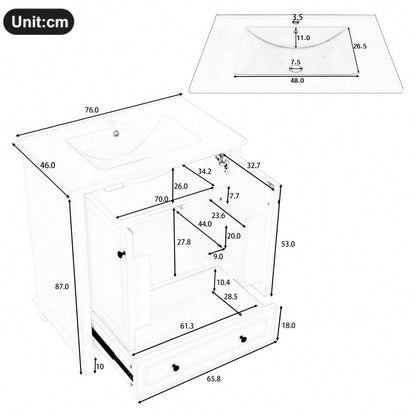 76x46x87cm Bodenstehender Badezimmerschrank mit Waschbeck, Waschtisch,Beine aus Massivholz, Volllackierung, feuchtigkeits- und wasserdicht, großer Stauraum, integriertes Keramikwaschbecken, weiß