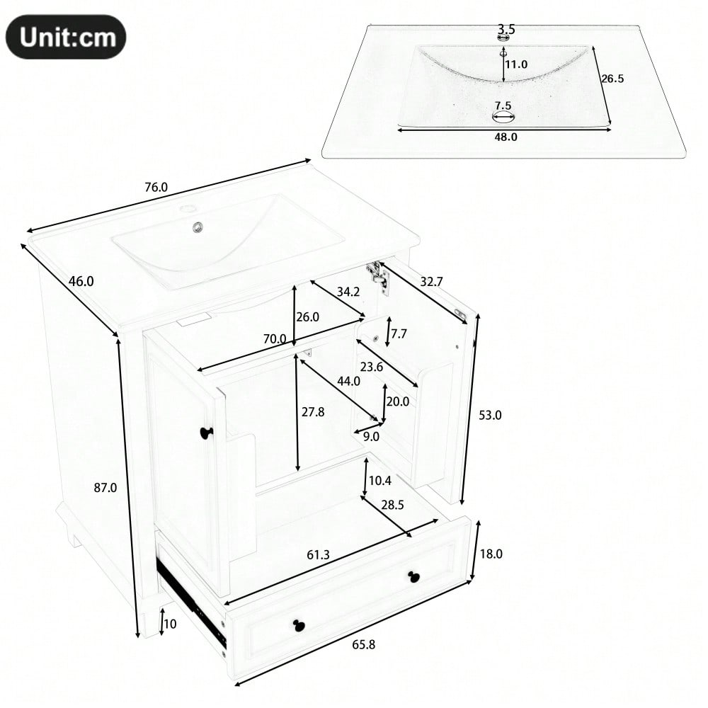 76x46x87cm Bodenstehender Badezimmerschrank mit Waschbeck, Waschtisch,Beine aus Massivholz, Volllackierung, feuchtigkeits- und wasserdicht, großer Stauraum, integriertes Keramikwaschbecken, Grau