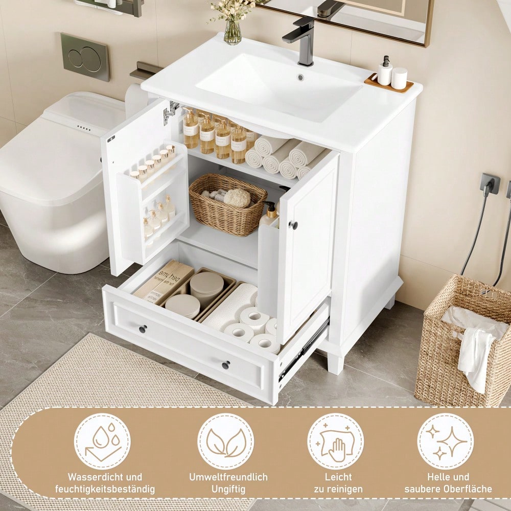 76x46x87cm Bodenstehender Badezimmerschrank mit Waschbeck, Waschtisch,Beine aus Massivholz, Volllackierung, feuchtigkeits- und wasserdicht, großer Stauraum, integriertes Keramikwaschbecken, weiß