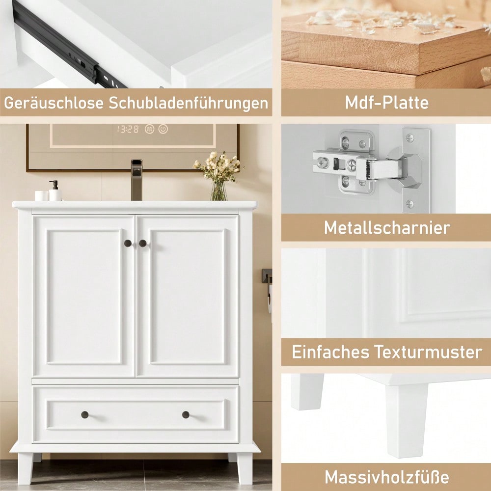 76x46x87cm Bodenstehender Badezimmerschrank mit Waschbeck, Waschtisch,Beine aus Massivholz, Volllackierung, feuchtigkeits- und wasserdicht, großer Stauraum, integriertes Keramikwaschbecken, weiß