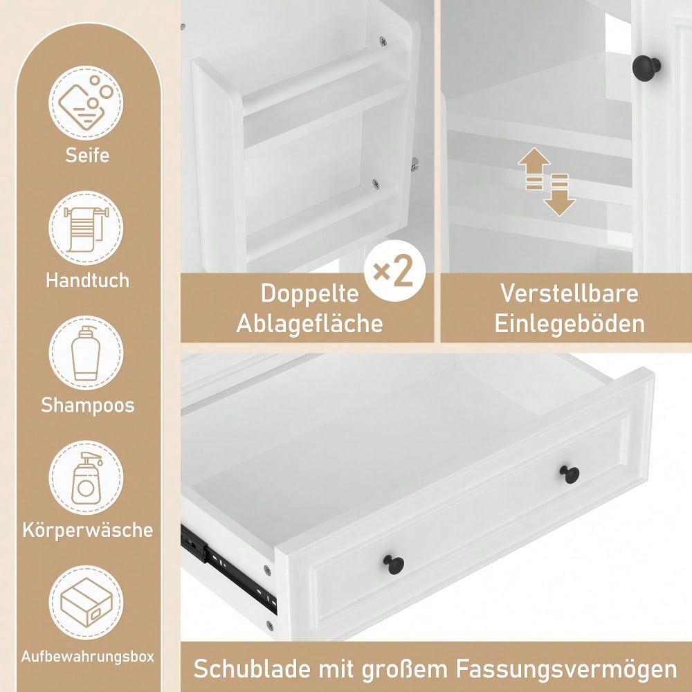 76x46x87cm Bodenstehender Badezimmerschrank mit Waschbeck, Waschtisch,Beine aus Massivholz, Volllackierung, feuchtigkeits- und wasserdicht, großer Stauraum, integriertes Keramikwaschbecken, weiß