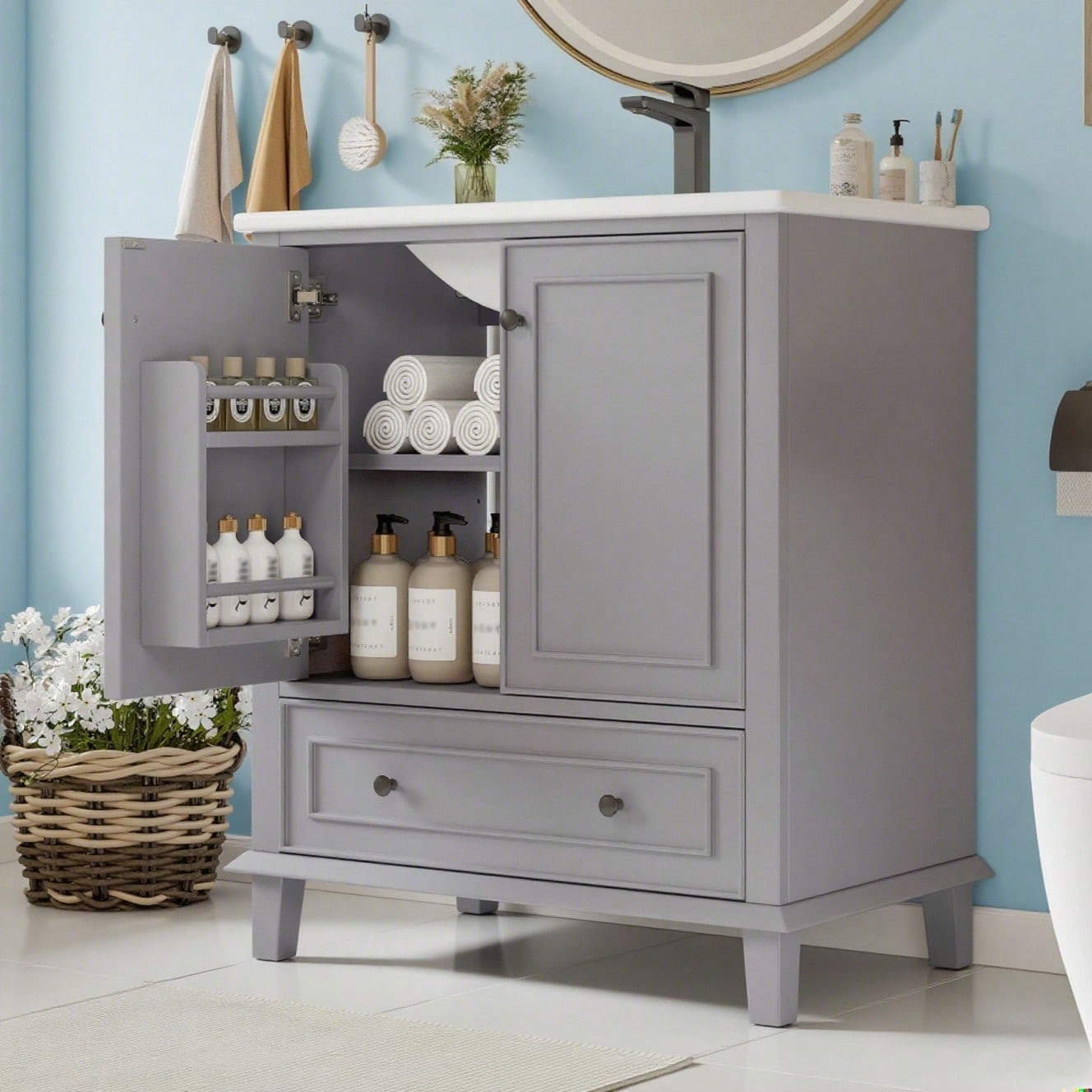 76x46x87cm Bodenstehender Badezimmerschrank mit Waschbeck, Waschtisch,Beine aus Massivholz, Volllackierung, feuchtigkeits- und wasserdicht, großer Stauraum, integriertes Keramikwaschbecken, Grau