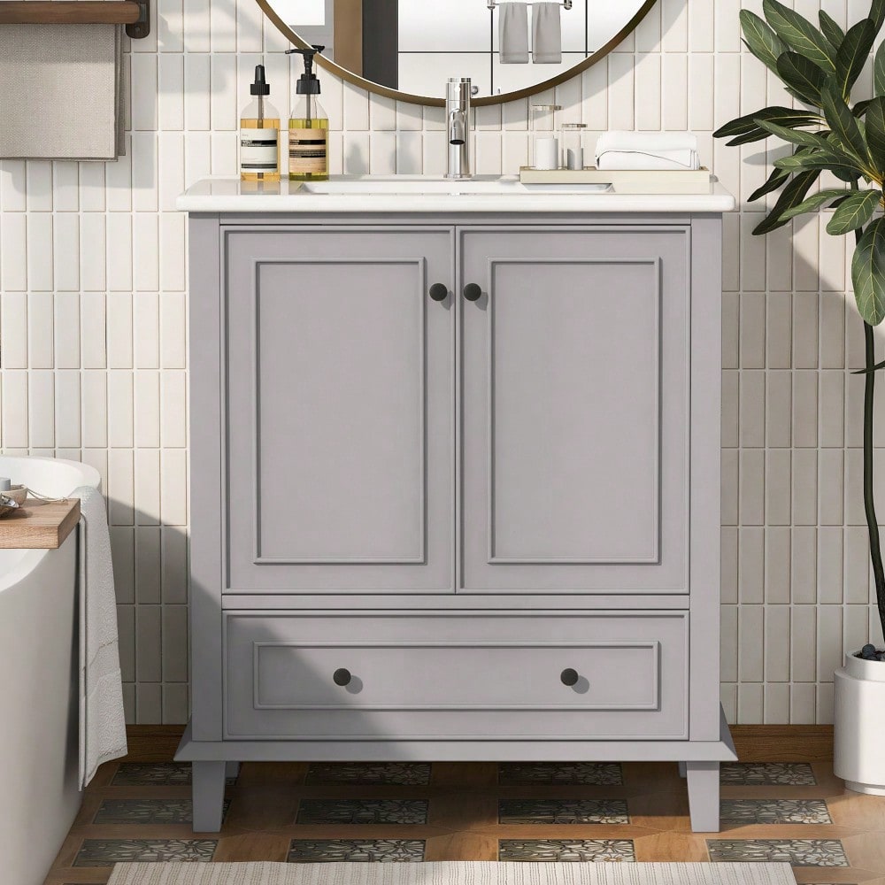 76x46x87cm Bodenstehender Badezimmerschrank mit Waschbeck, Waschtisch,Beine aus Massivholz, Volllackierung, feuchtigkeits- und wasserdicht, großer Stauraum, integriertes Keramikwaschbecken, Grau