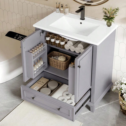 76x46x87cm Bodenstehender Badezimmerschrank mit Waschbeck, Waschtisch,Beine aus Massivholz, Volllackierung, feuchtigkeits- und wasserdicht, großer Stauraum, integriertes Keramikwaschbecken, Grau