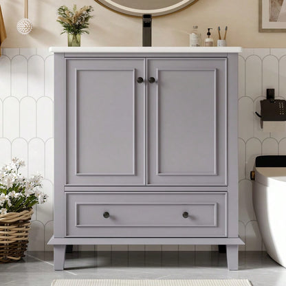 76x46x87cm Bodenstehender Badezimmerschrank mit Waschbeck, Waschtisch,Beine aus Massivholz, Volllackierung, feuchtigkeits- und wasserdicht, großer Stauraum, integriertes Keramikwaschbecken, Grau