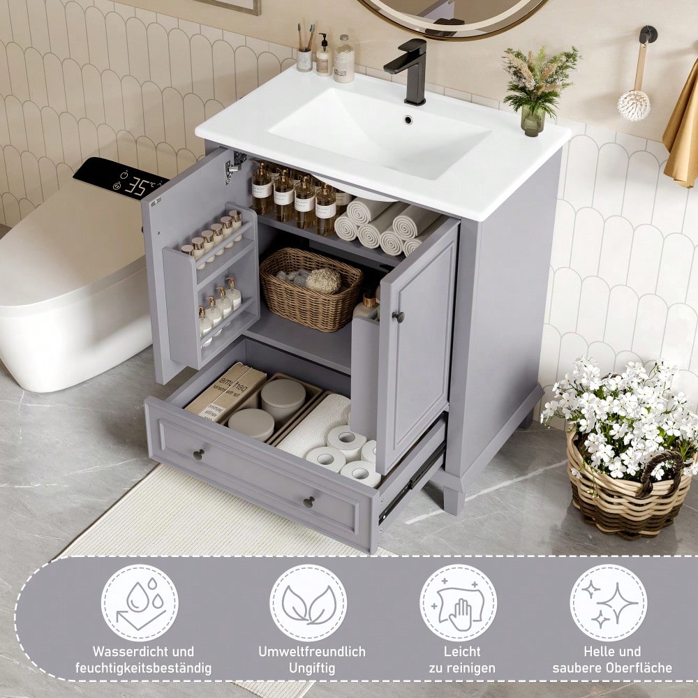 76x46x87cm Bodenstehender Badezimmerschrank mit Waschbeck, Waschtisch,Beine aus Massivholz, Volllackierung, feuchtigkeits- und wasserdicht, großer Stauraum, integriertes Keramikwaschbecken, Grau