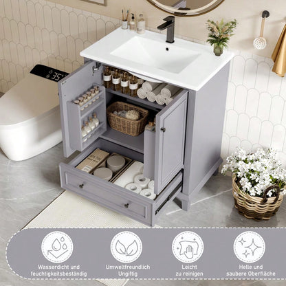 76x46x87cm Bodenstehender Badezimmerschrank mit Waschbeck, Waschtisch,Beine aus Massivholz, Volllackierung, feuchtigkeits- und wasserdicht, großer Stauraum, integriertes Keramikwaschbecken, Grau