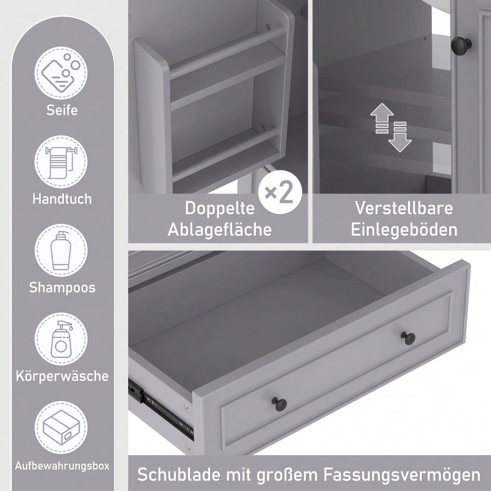 76x46x87cm Bodenstehender Badezimmerschrank mit Waschbeck, Waschtisch,Beine aus Massivholz, Volllackierung, feuchtigkeits- und wasserdicht, großer Stauraum, integriertes Keramikwaschbecken, Grau
