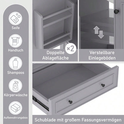 76x46x87cm Bodenstehender Badezimmerschrank mit Waschbeck, Waschtisch,Beine aus Massivholz, Volllackierung, feuchtigkeits- und wasserdicht, großer Stauraum, integriertes Keramikwaschbecken, Grau