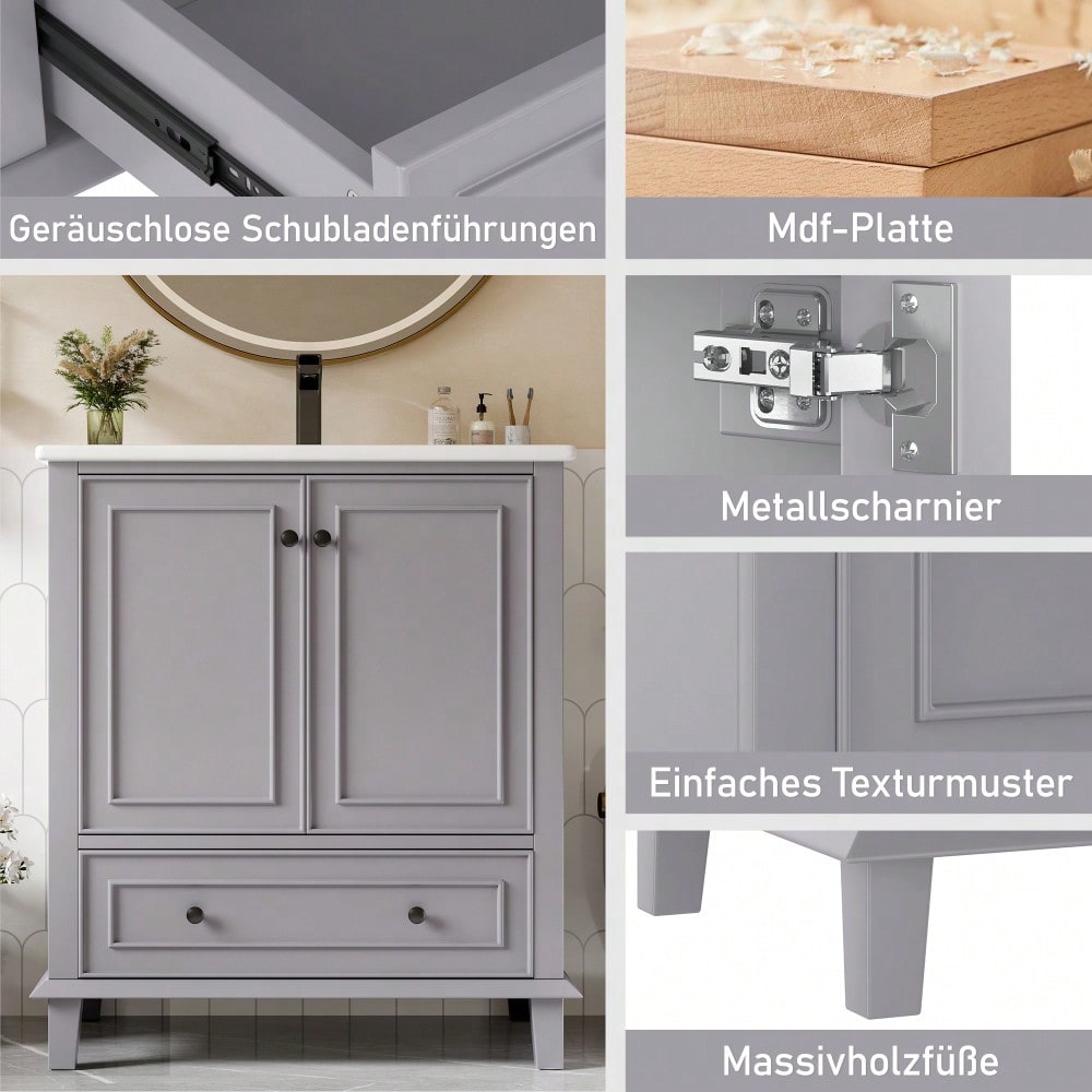 76x46x87cm Bodenstehender Badezimmerschrank mit Waschbeck, Waschtisch,Beine aus Massivholz, Volllackierung, feuchtigkeits- und wasserdicht, großer Stauraum, integriertes Keramikwaschbecken, Grau