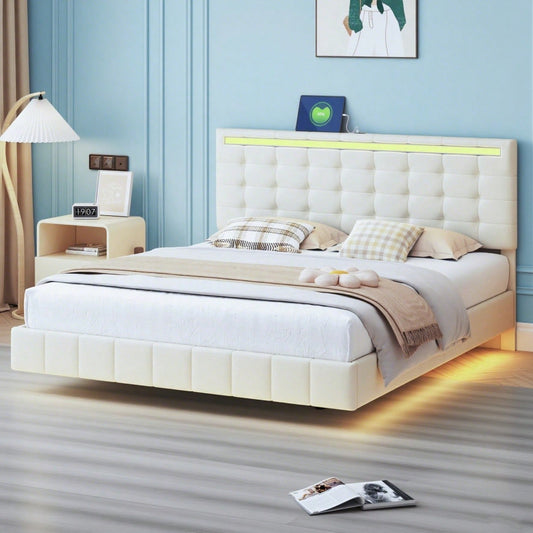 Polsterbett 160 x 200 cm, gepolsterter Schwebebettrahmen mit LED-Leuchten und Kopfteildesign, flächiges Doppelbett-Gästebett in hautfreundlichem Leinen Beige