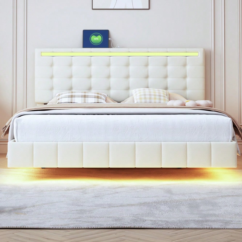 Polsterbett 160 x 200 cm, gepolsterter Schwebebettrahmen mit LED-Leuchten und Kopfteildesign, flächiges Doppelbett-Gästebett in hautfreundlichem Leinen Beige