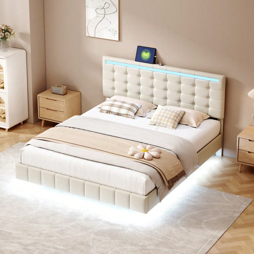 Polsterbett 160 x 200 cm, gepolsterter Schwebebettrahmen mit LED-Leuchten und Kopfteildesign, flächiges Doppelbett-Gästebett in hautfreundlichem Leinen Beige