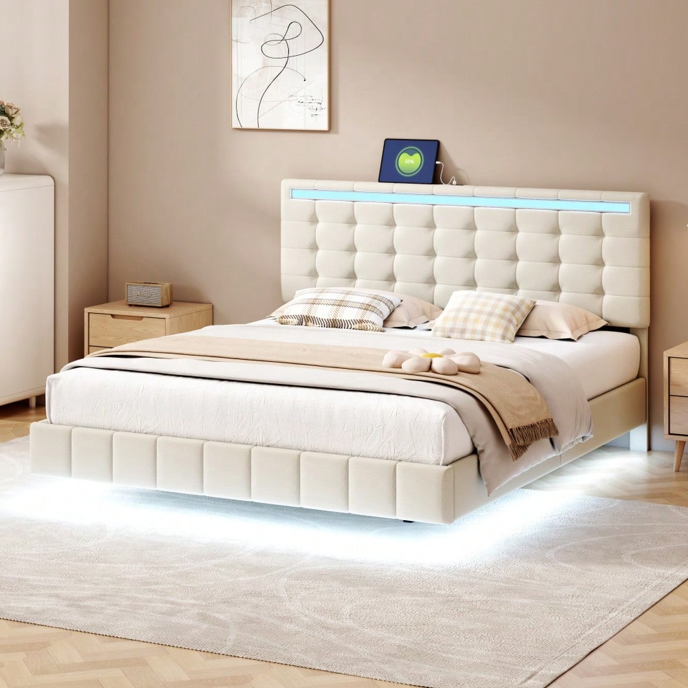 Polsterbett 160 x 200 cm, gepolsterter Schwebebettrahmen mit LED-Leuchten und Kopfteildesign, flächiges Doppelbett-Gästebett in hautfreundlichem Leinen Beige