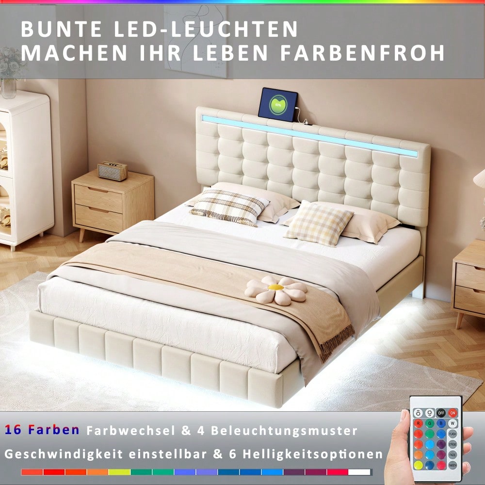 Polsterbett 160 x 200 cm, gepolsterter Schwebebettrahmen mit LED-Leuchten und Kopfteildesign, flächiges Doppelbett-Gästebett in hautfreundlichem Leinen Beige