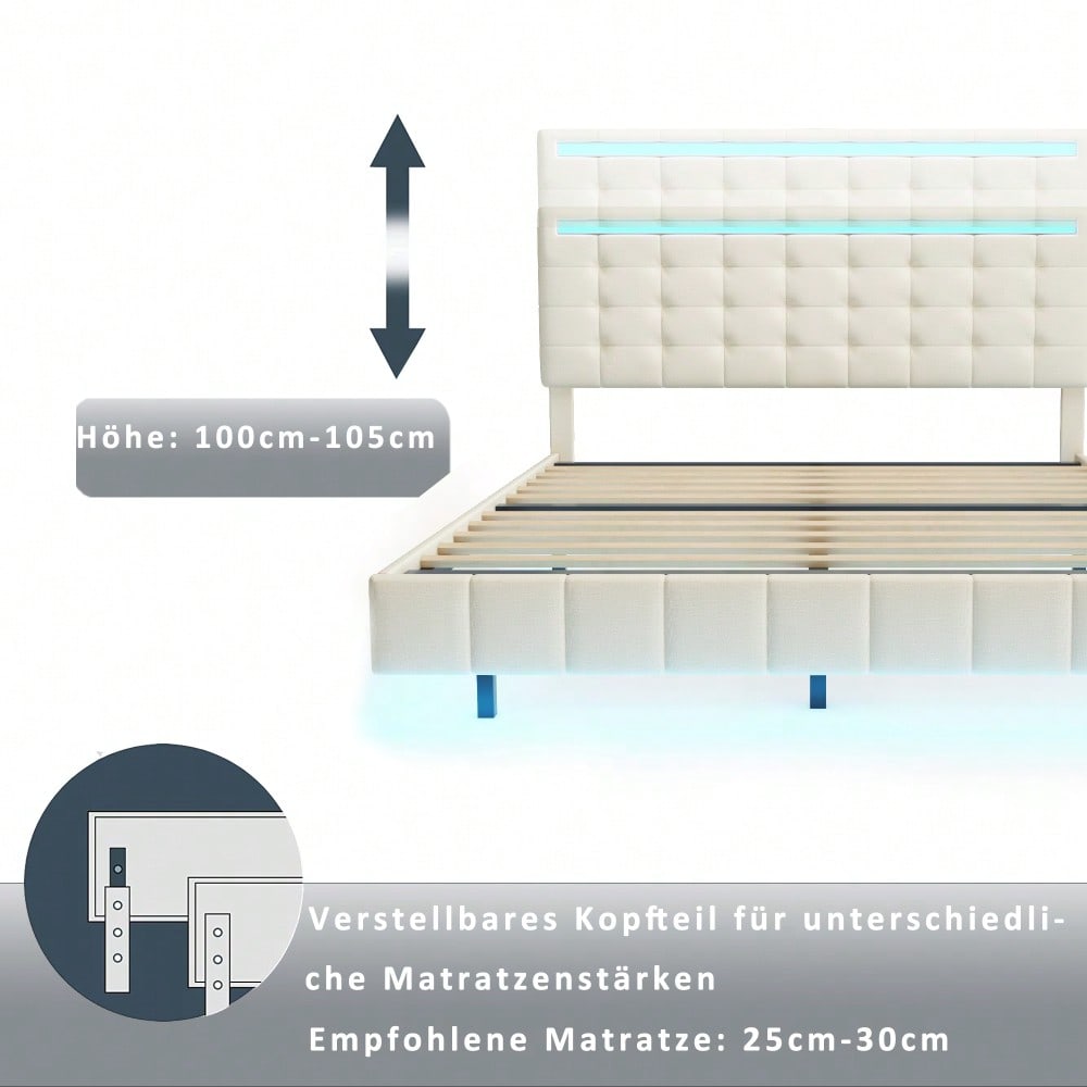 Polsterbett 160 x 200 cm, gepolsterter Schwebebettrahmen mit LED-Leuchten und Kopfteildesign, flächiges Doppelbett-Gästebett in hautfreundlichem Leinen Beige