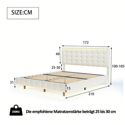 Polsterbett 160 x 200 cm, gepolsterter Schwebebettrahmen mit LED-Leuchten und Kopfteildesign, flächiges Doppelbett-Gästebett in hautfreundlichem Leinen Beige