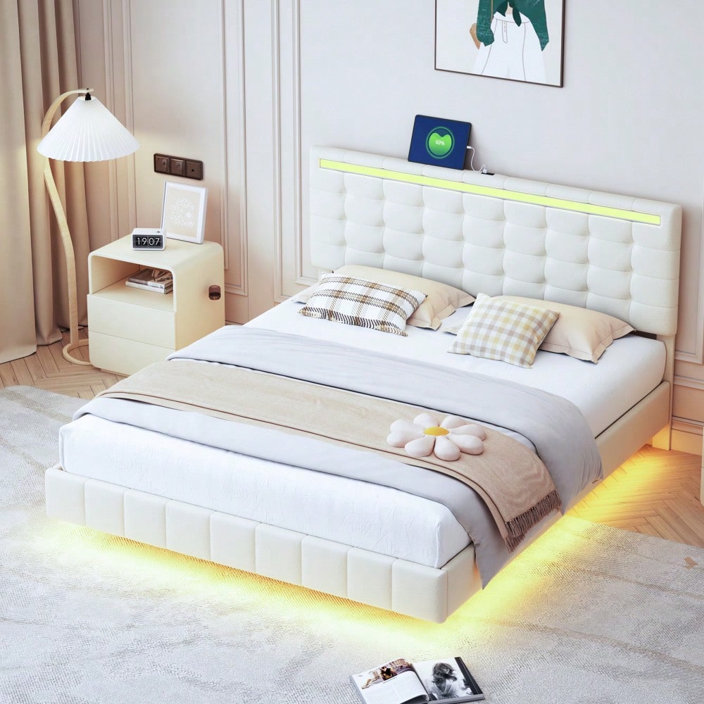 Polsterbett 160 x 200 cm, gepolsterter Schwebebettrahmen mit LED-Leuchten und Kopfteildesign, flächiges Doppelbett-Gästebett in hautfreundlichem Leinen Beige