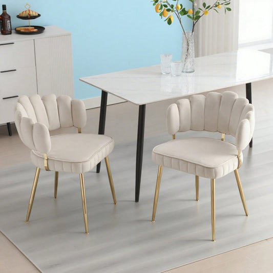 Moderner Samt Wohnzimmersessel, bequemer Stuhl für Esszimmer, Wohnzimmer, Schlafzimmer und Büro, mit bequemer Blüten-Rückenlehne und abgerundeten Armlehnen, Metall-Stuhlbeine. (lvory,Satz von 2)