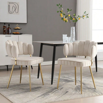 Moderner Samt Wohnzimmersessel, bequemer Stuhl für Esszimmer, Wohnzimmer, Schlafzimmer und Büro, mit bequemer Blüten-Rückenlehne und abgerundeten Armlehnen, Metall-Stuhlbeine. (lvory,Satz von 2)