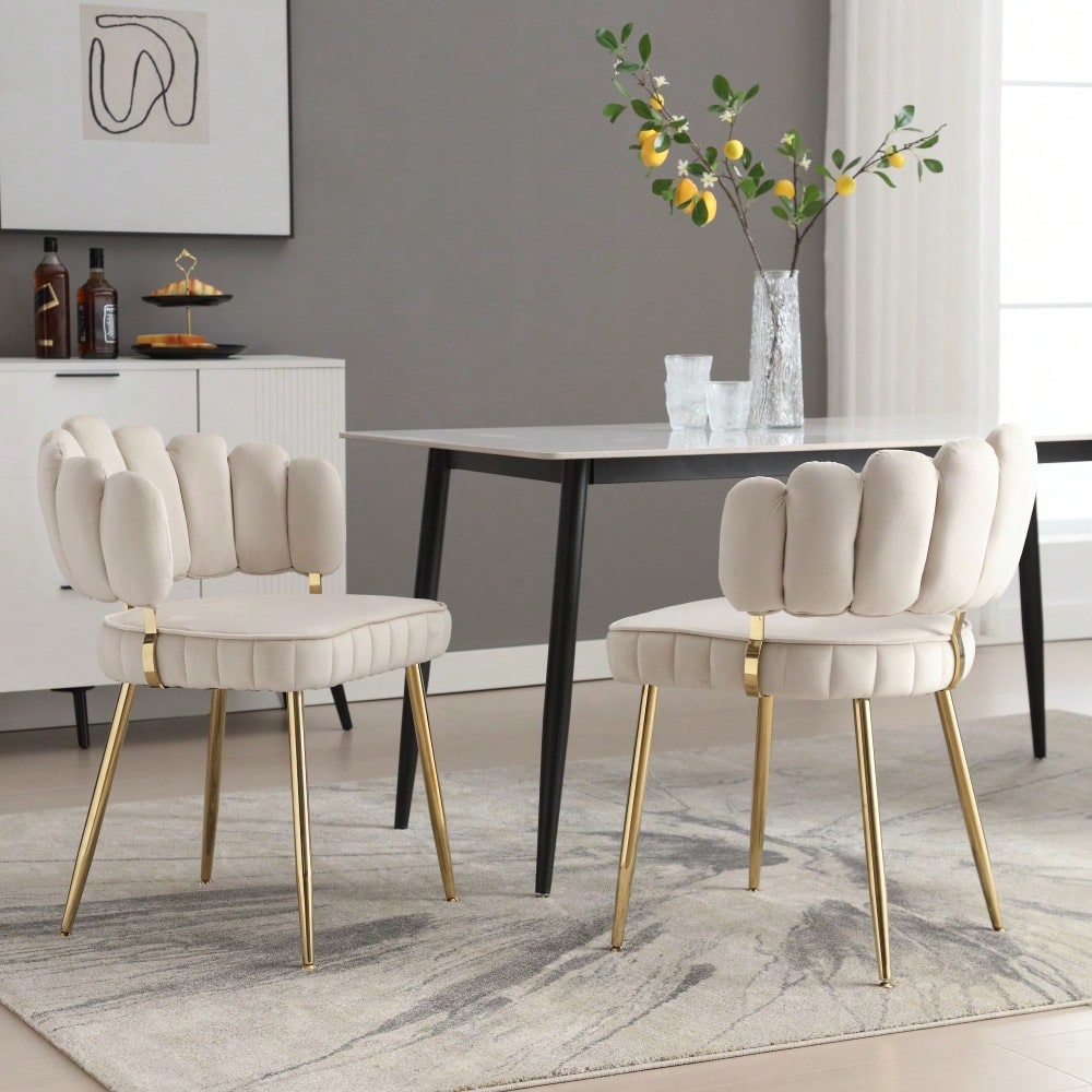 Moderner Samt Wohnzimmersessel, bequemer Stuhl für Esszimmer, Wohnzimmer, Schlafzimmer und Büro, mit bequemer Blüten-Rückenlehne und abgerundeten Armlehnen, Metall-Stuhlbeine. (lvory,Satz von 2)