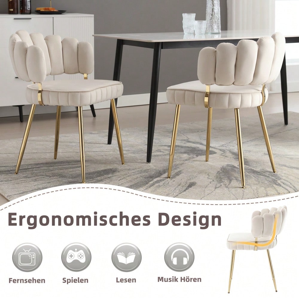 Moderner Samt Wohnzimmersessel, bequemer Stuhl für Esszimmer, Wohnzimmer, Schlafzimmer und Büro, mit bequemer Blüten-Rückenlehne und abgerundeten Armlehnen, Metall-Stuhlbeine. (lvory,Satz von 2)