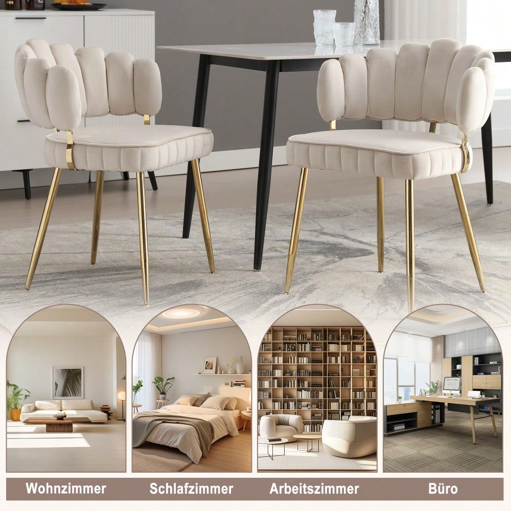 Moderner Samt Wohnzimmersessel, bequemer Stuhl für Esszimmer, Wohnzimmer, Schlafzimmer und Büro, mit bequemer Blüten-Rückenlehne und abgerundeten Armlehnen, Metall-Stuhlbeine. (lvory,Satz von 2)