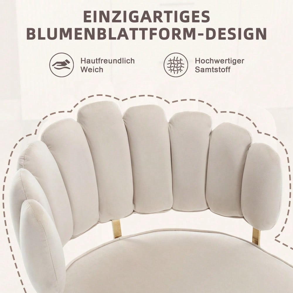 Moderner Samt Wohnzimmersessel, bequemer Stuhl für Esszimmer, Wohnzimmer, Schlafzimmer und Büro, mit bequemer Blüten-Rückenlehne und abgerundeten Armlehnen, Metall-Stuhlbeine. (lvory,Satz von 2)