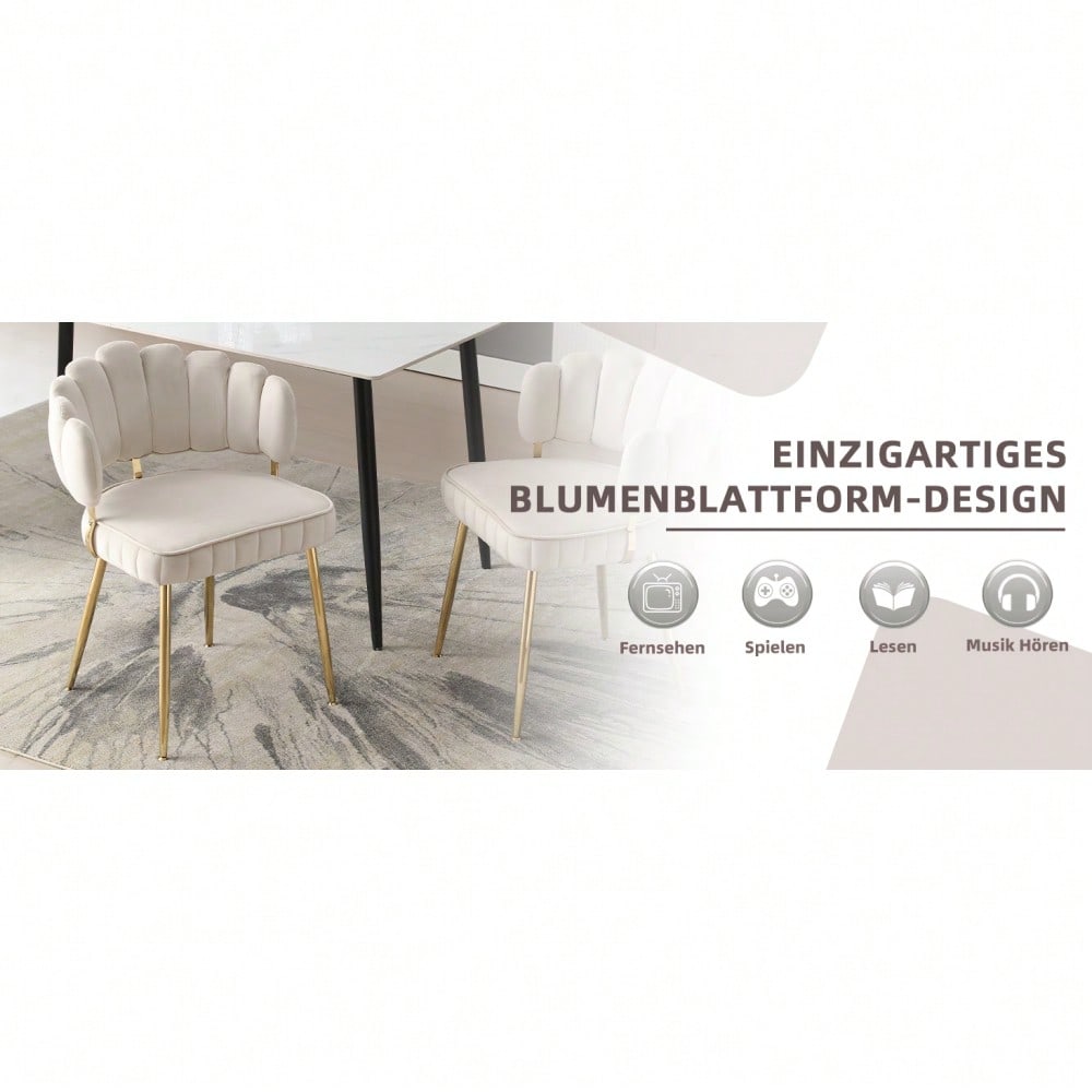 Moderner Samt Wohnzimmersessel, bequemer Stuhl für Esszimmer, Wohnzimmer, Schlafzimmer und Büro, mit bequemer Blüten-Rückenlehne und abgerundeten Armlehnen, Metall-Stuhlbeine. (lvory,Satz von 2)